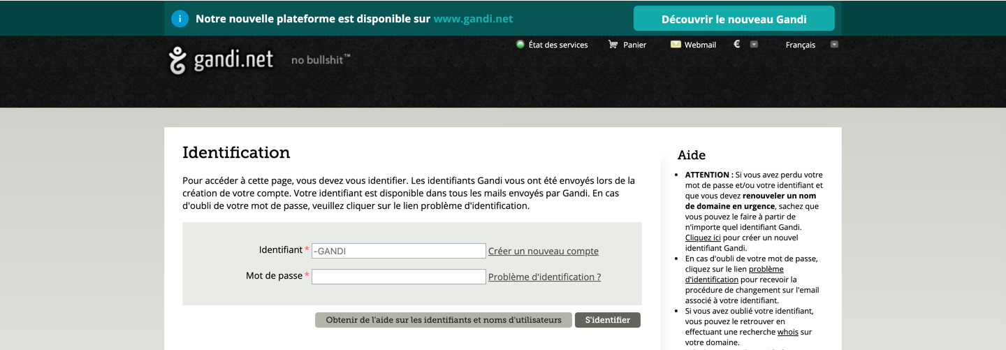 page d'accueil site Gandi classique.